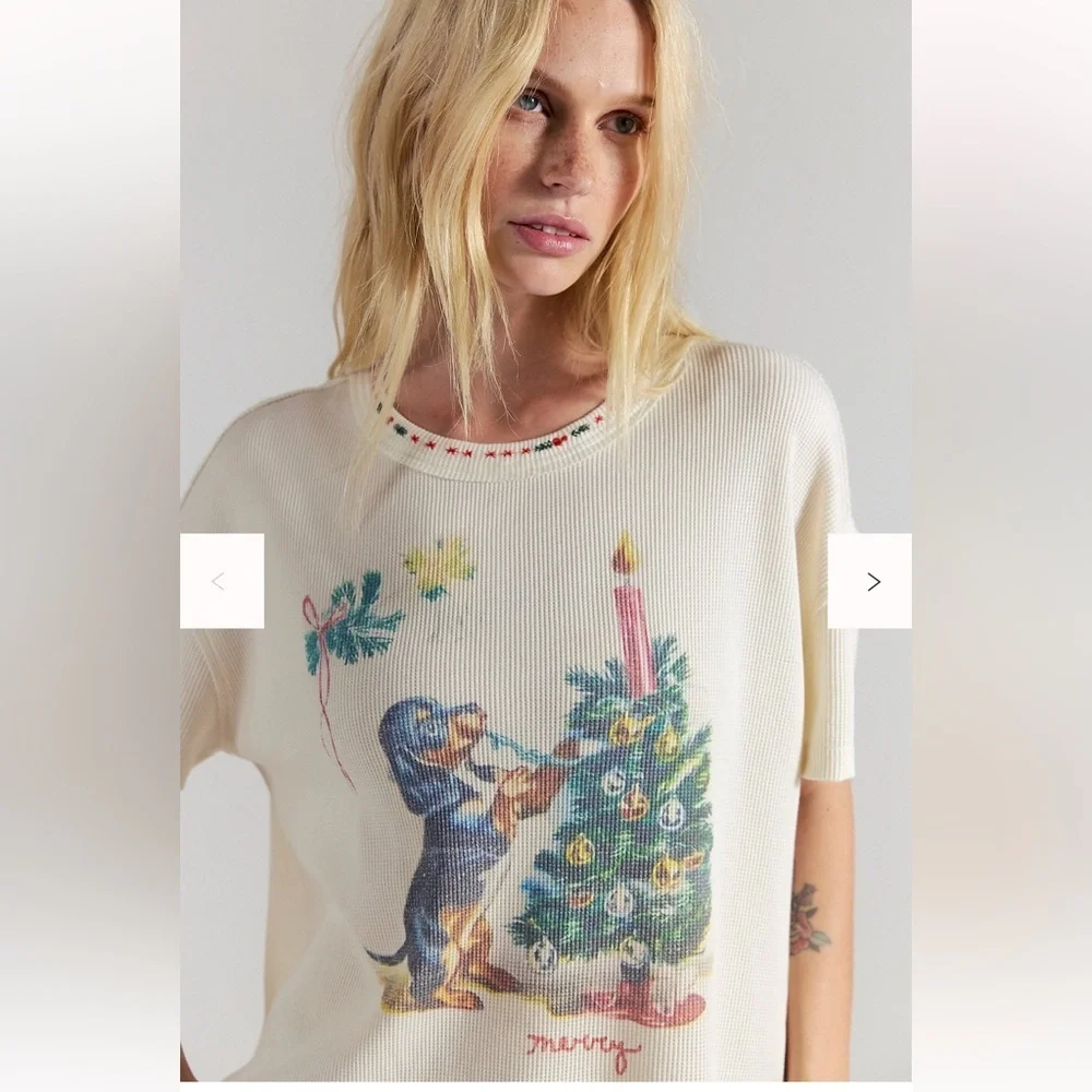 Free People We The Free Merry Meowy Tee Small Color: Ivory Combo NWT - Picture 3 of 8